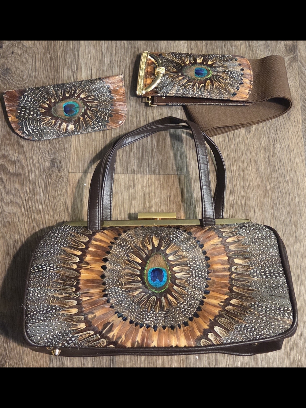 Brown Feather-Embellished Satchel with Peacock Motif